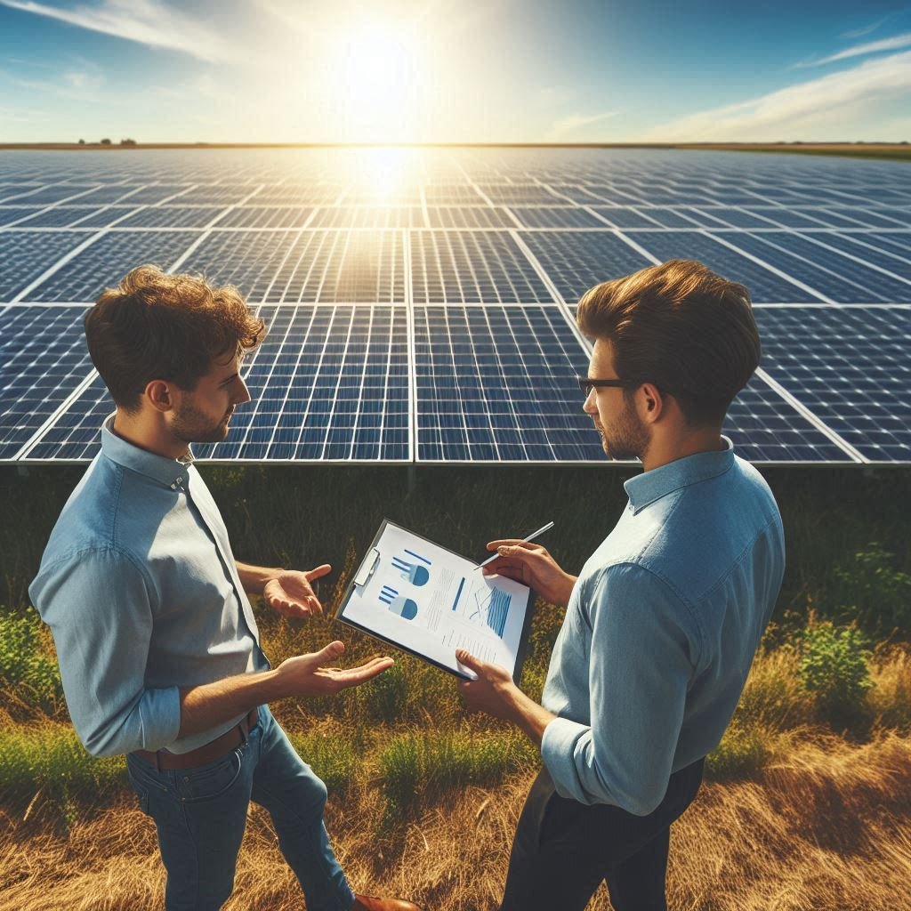 Due professionisti di Penta Solar discutono progetti di energia solare davanti a un'installazione di pannelli fotovoltaici.